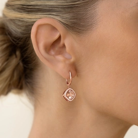 Delicate Fit Radiant Charm Morganite and Diamond Halo Drop Earrings Rose Gold - Elvira