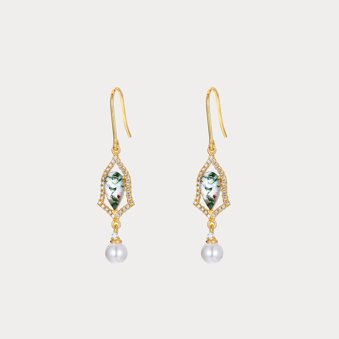 Special Look Polished Charm Moss Agate Drop Earrings with Pearl