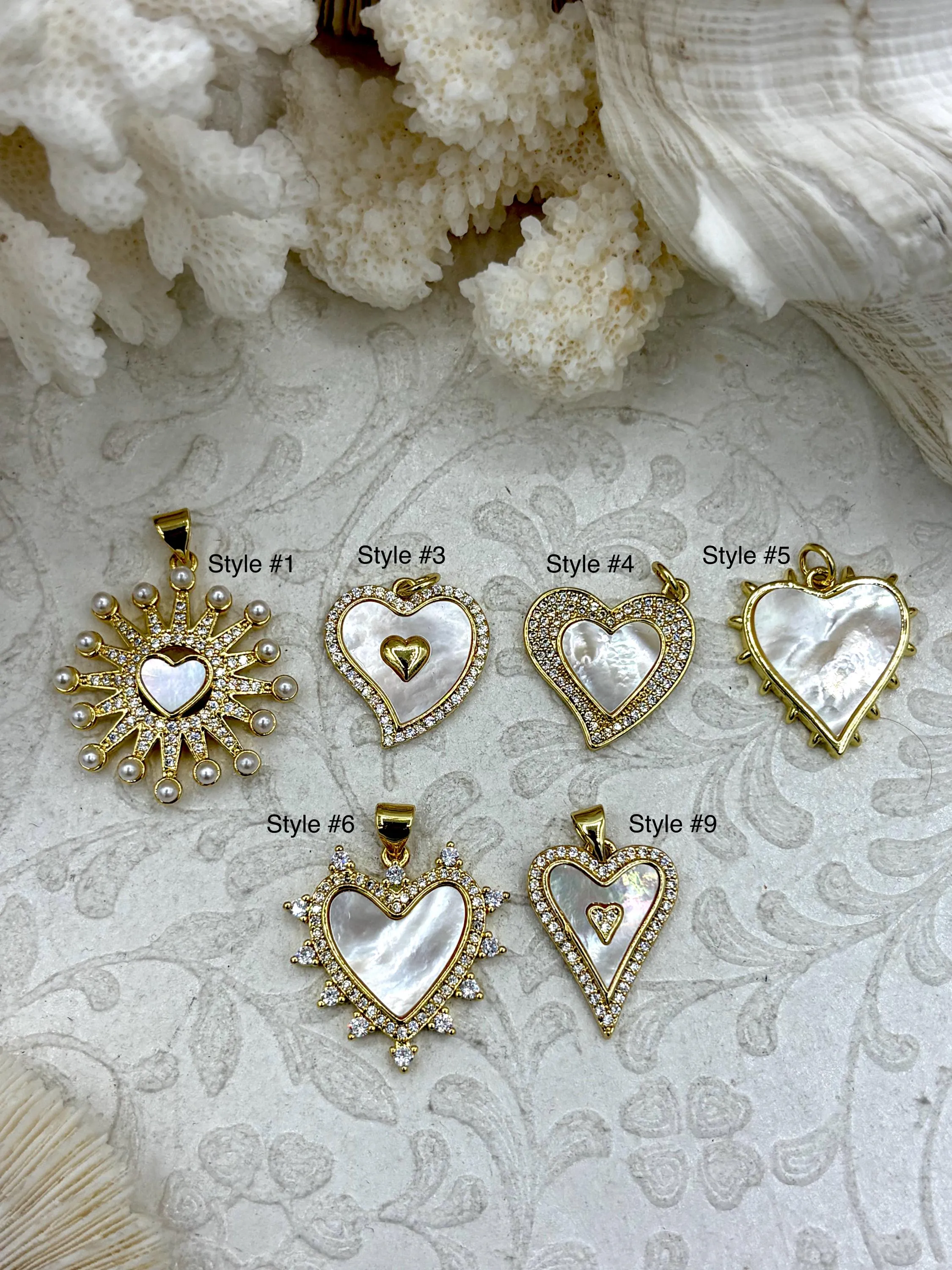 Holiday Gift Mother of Pearl Heart CZ Charms, 7 styles, Gold Plated Brass Heart Charms, MOP Charms, Cubic Zirconia, Brass Mother of Pearl, Fast Ship