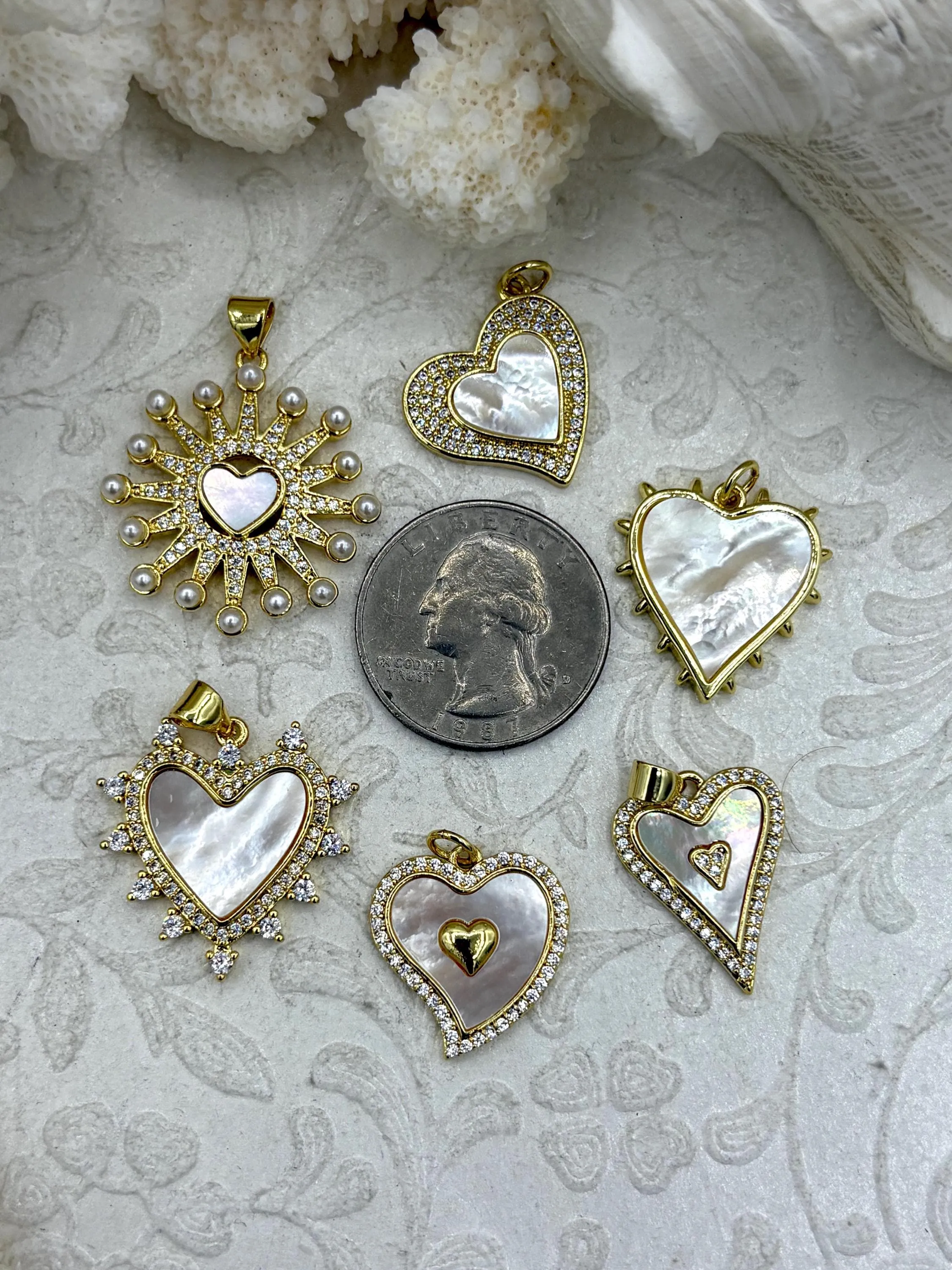 Mother of Pearl Heart CZ Charms, 7 styles, Gold Plated Brass Heart Charms, MOP Charms, Cubic Zirconia, Brass Mother of Pearl, Fast Ship Bohemian Accent High-Quality Item