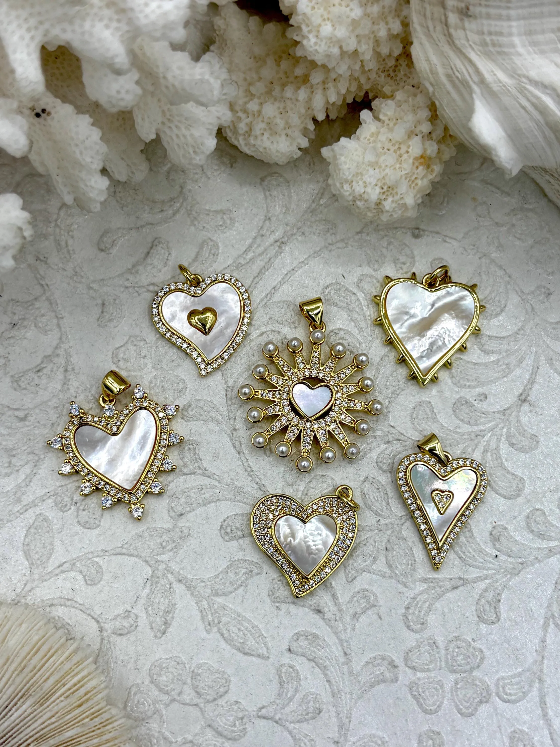 Smart Accent Mother of Pearl Heart CZ Charms, 7 styles, Gold Plated Brass Heart Charms, MOP Charms, Cubic Zirconia, Brass Mother of Pearl, Fast Ship