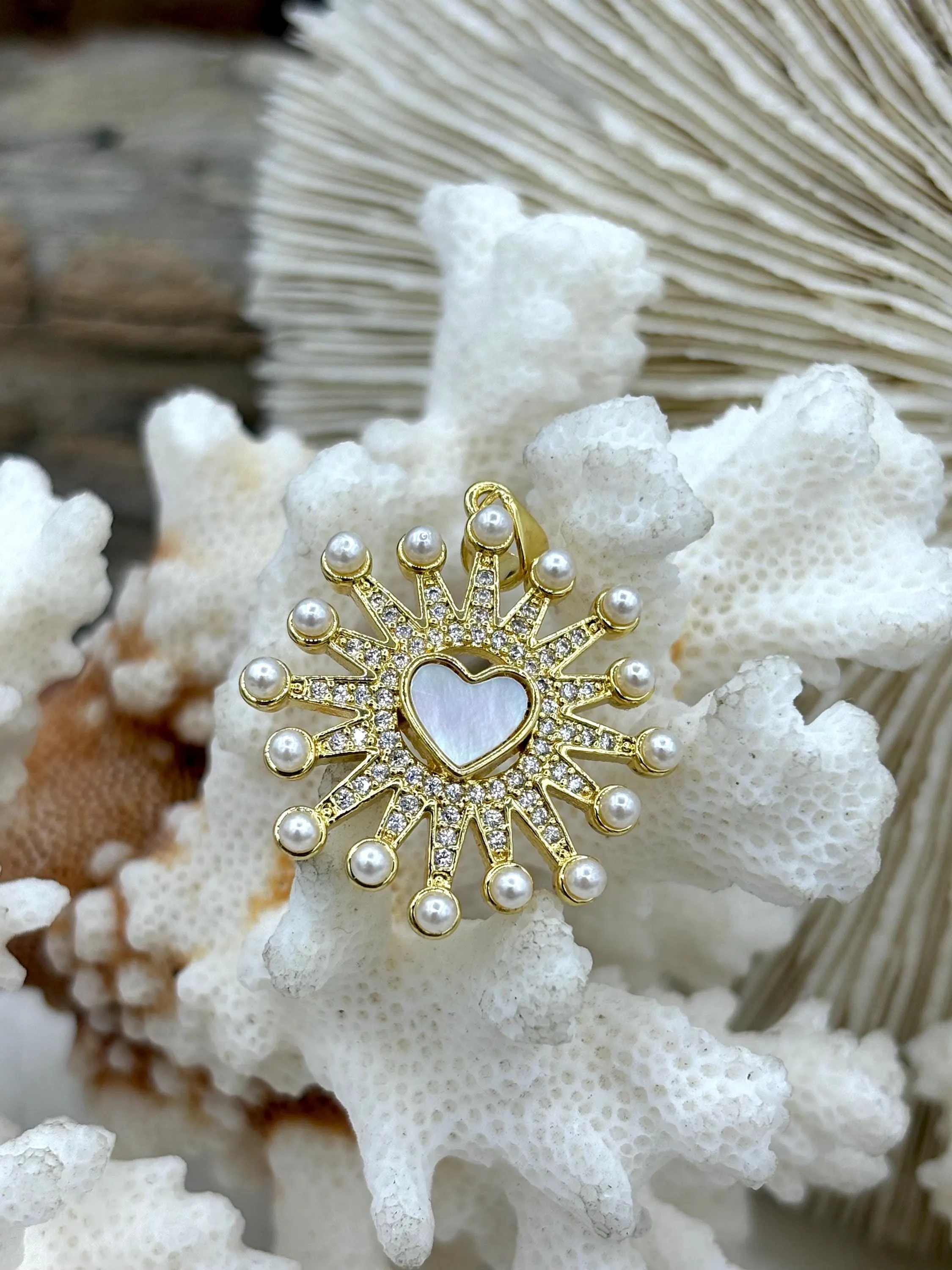 Sophisticated Accent Timeless Beauty Mother of Pearl Heart CZ Charms, 7 styles, Gold Plated Brass Heart Charms, MOP Charms, Cubic Zirconia, Brass Mother of Pearl, Fast Ship