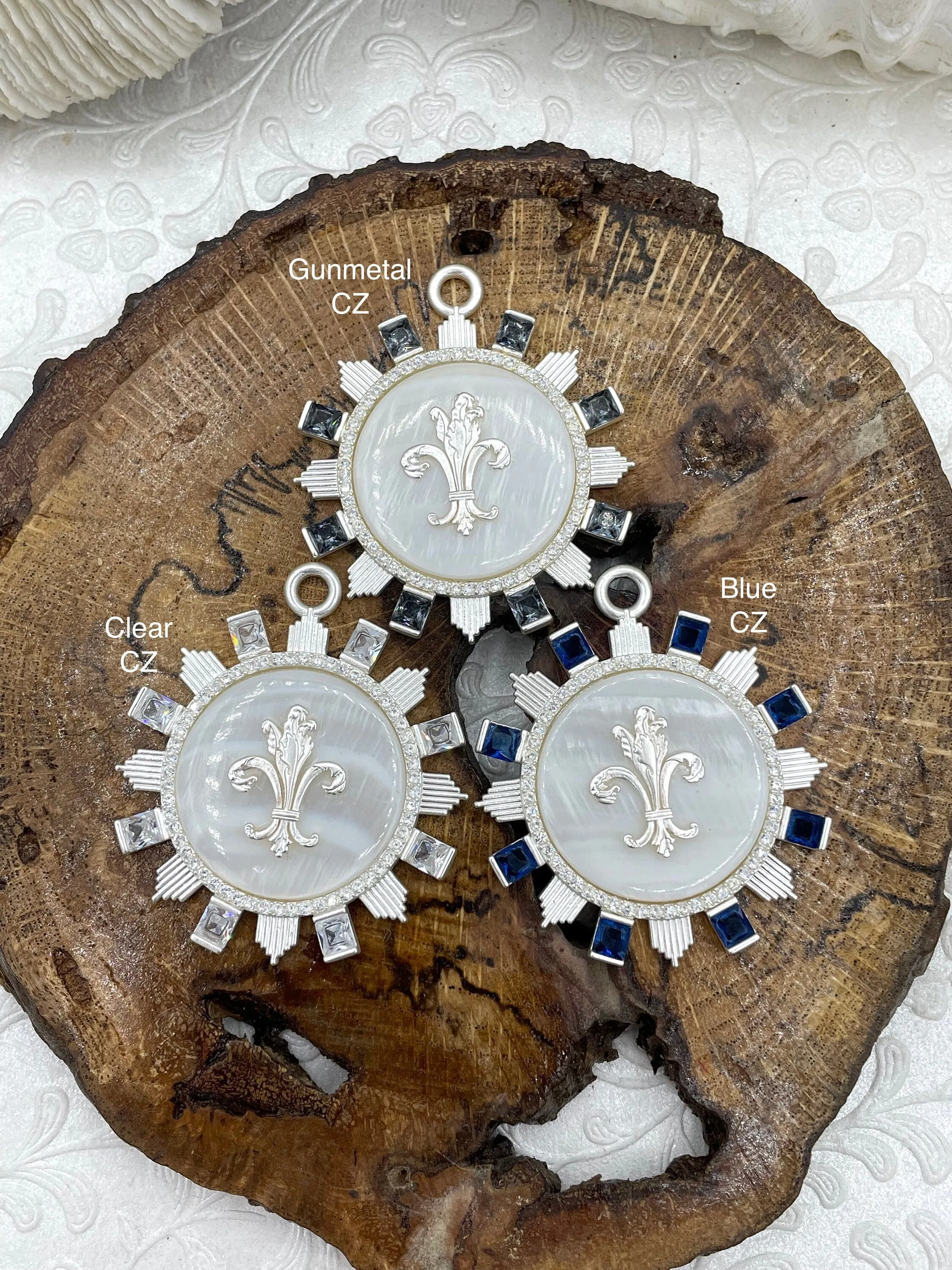 Mother of Pearl Pendant with Fleur de Lis and Cubic Zirconia Accents, Brass Matte Silver Bezel  Natural Mother of Pearl 3 CZ Color Fast Ship Social Media Item