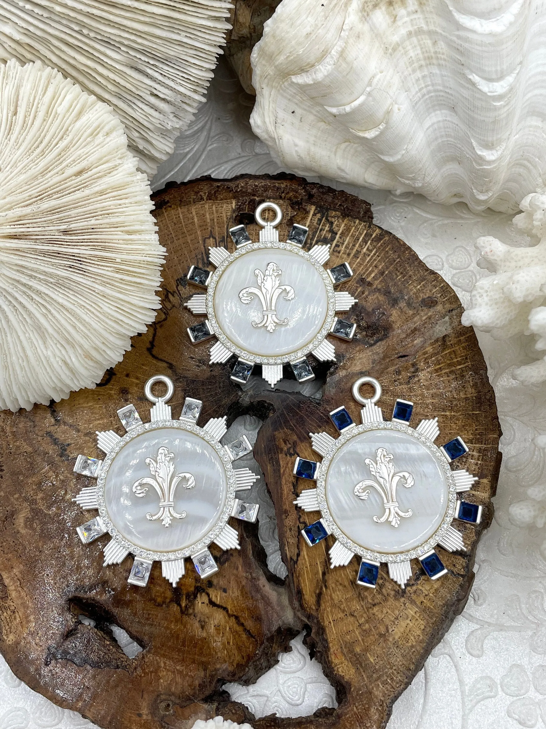 Mother of Pearl Pendant with Fleur de Lis and Cubic Zirconia Accents, Brass Matte Silver Bezel  Natural Mother of Pearl 3 CZ Color Fast Ship Luxury feature