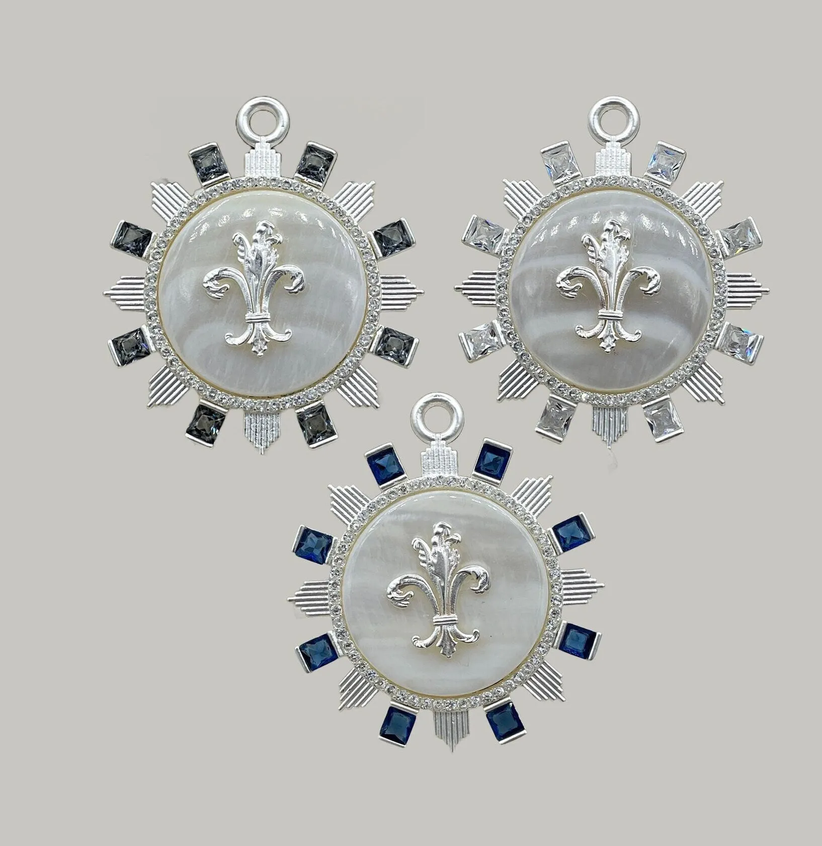 Mother of Pearl Pendant with Fleur de Lis and Cubic Zirconia Accents, Brass Matte Silver Bezel  Natural Mother of Pearl 3 CZ Color Fast Ship Gift Accessory Excellent Piece