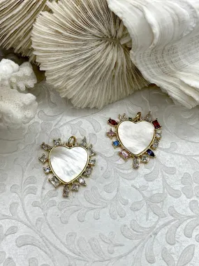 Mother of Pearl Spike Heart CZ Charm, 2 styles, Various Shaped Cubic Zirconia, Colorful CZ, MOP Charms, Brass Mother of Pearl, Fast Ship Superior Item Stylish Gift