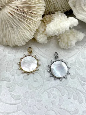 Handmade Item Wedding Item Mother of Pearl Spike Round CZ Charm, Cubic Zirconia charm, Brass Mother of Pearl, gold or silver, round mother of pearl charms, Fast Ship