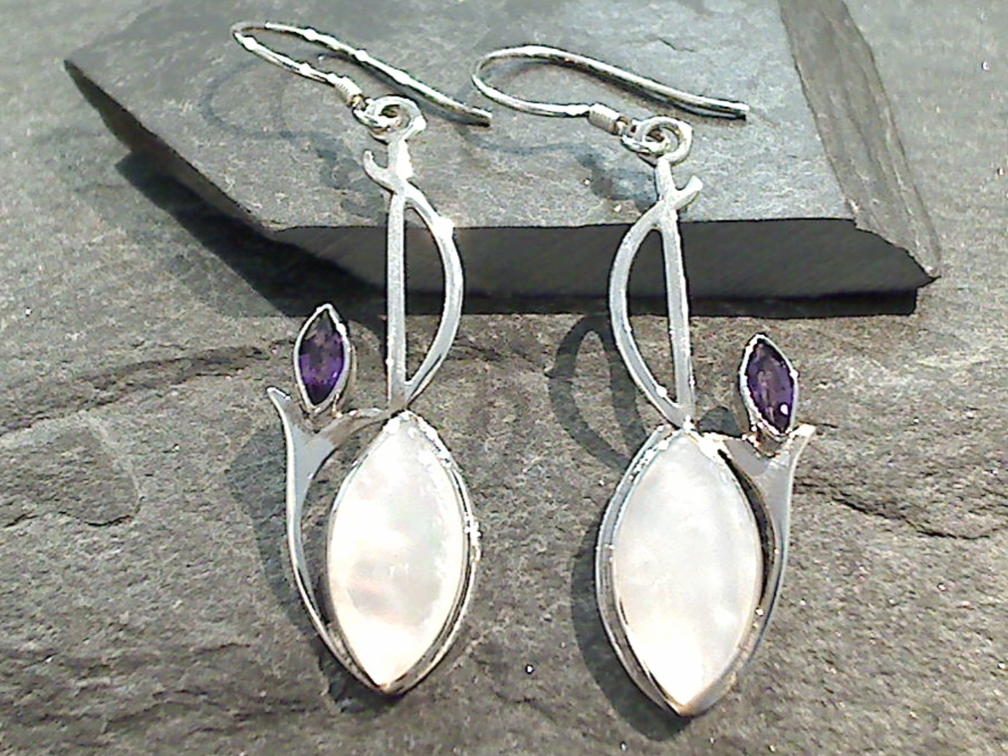 Lightweight Appearance Mother Of Pearl, Amethyst, Sterling Silver Earrings