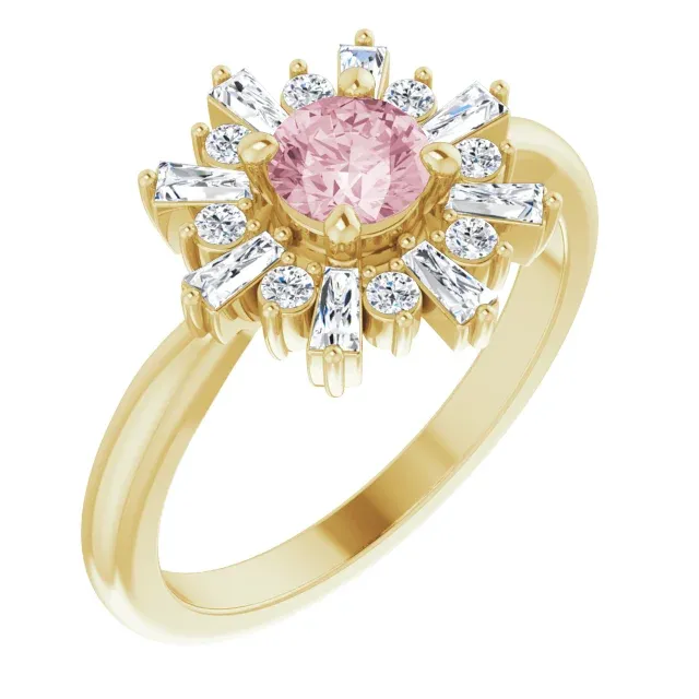 14K Yellow 5 mm Round Pink Morganite & 3/8 CTW Diamond Ring Mountain Ready Sparkling Article