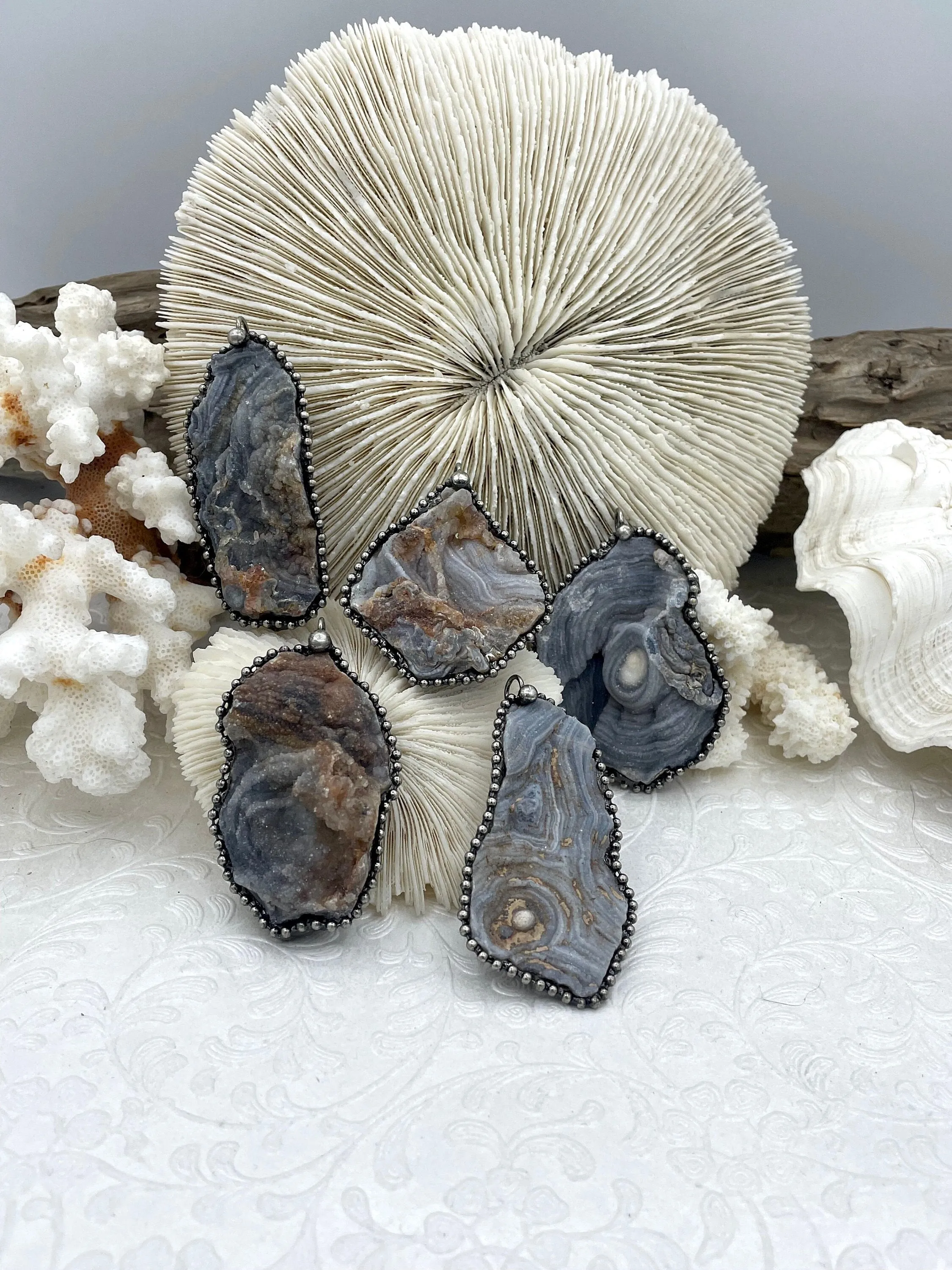 Handcrafted Touch Enduring Adornment Natural Agate Mixed Shape Pendants with Textured Burnished Silver Soldered Bezel. Variety of sizes and stones, all unique. Fast Ship