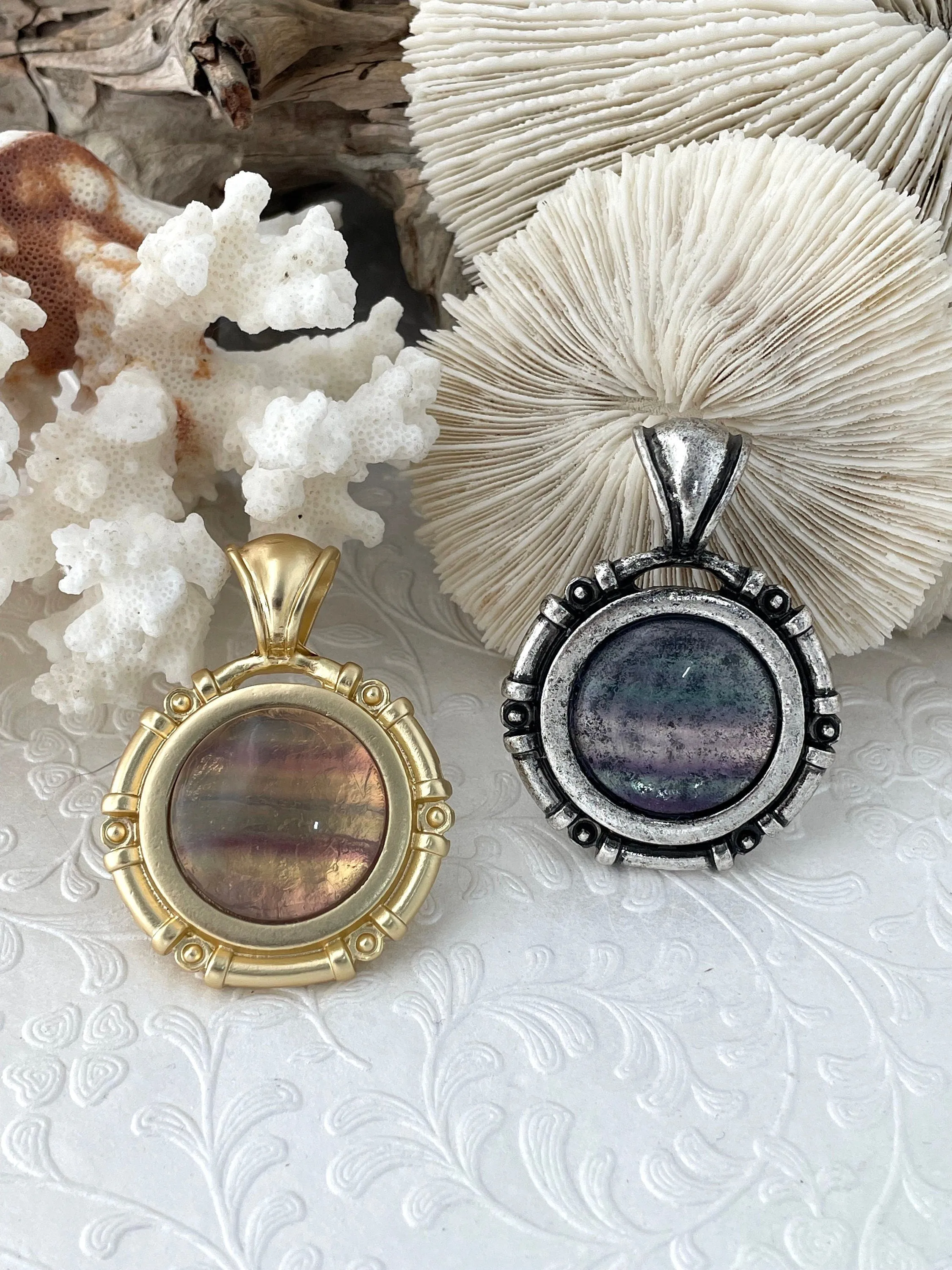 Personalized Jewelry Natural Fluorite Pendant with Bezel, Cabochon Natural Stone will come in a variety of patterns, 3 bezel colors, Natural Stone, Fast Ship.