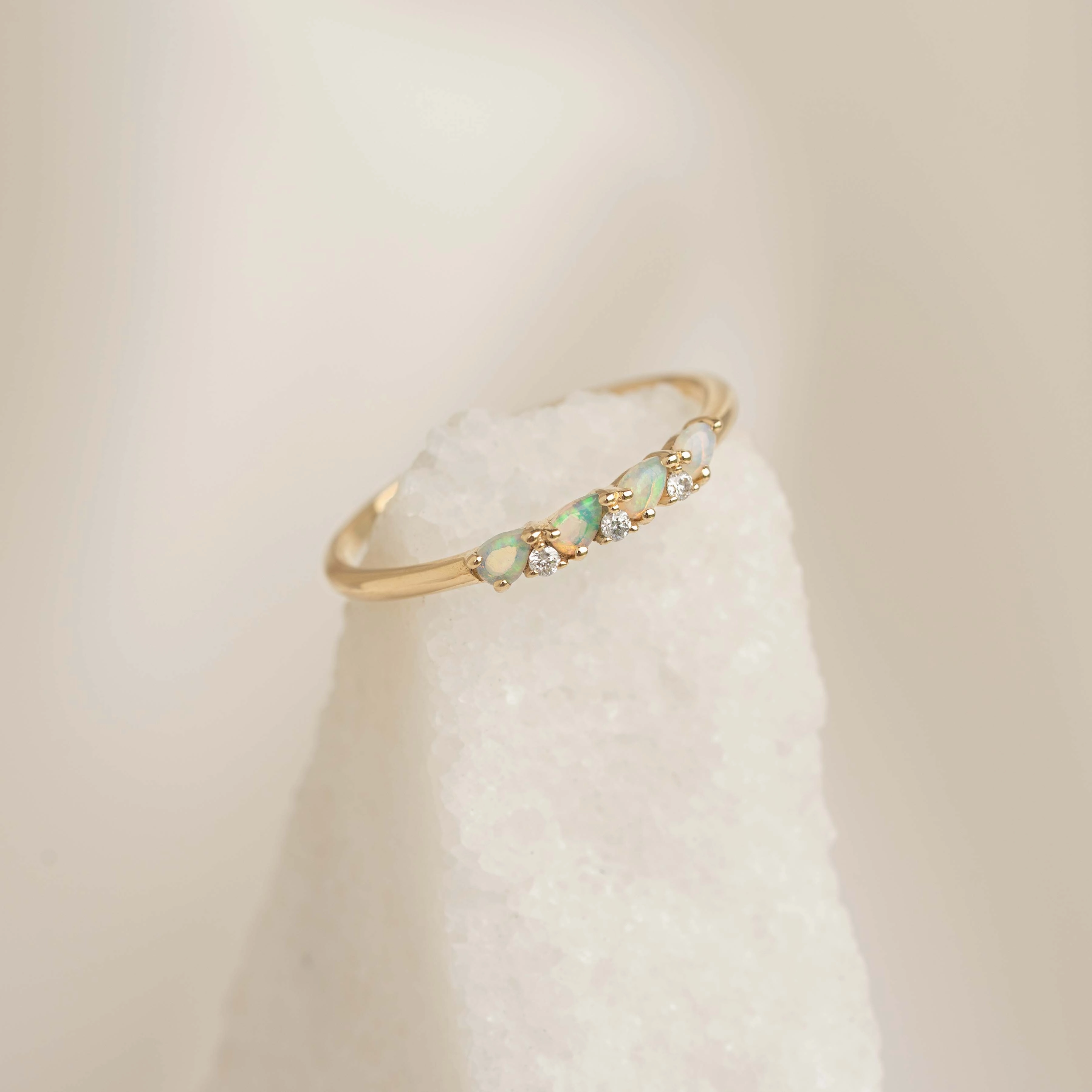 Delicate Fit Styled Finish October Birthstone Pear Ring 14k Gold - Opal and Diamond