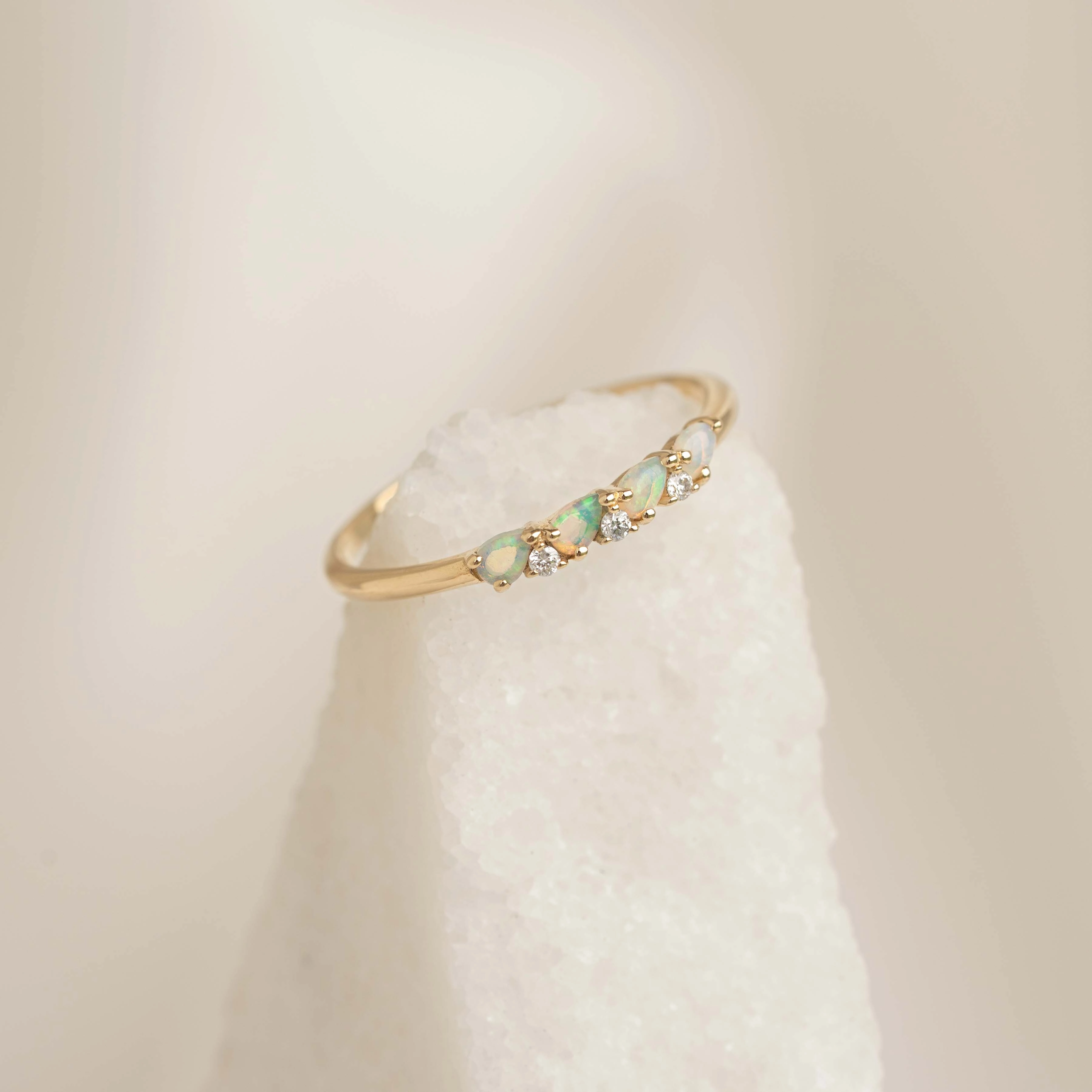 October Birthstone Pear Ring 14k Gold - Opal and Diamond Lively Detail