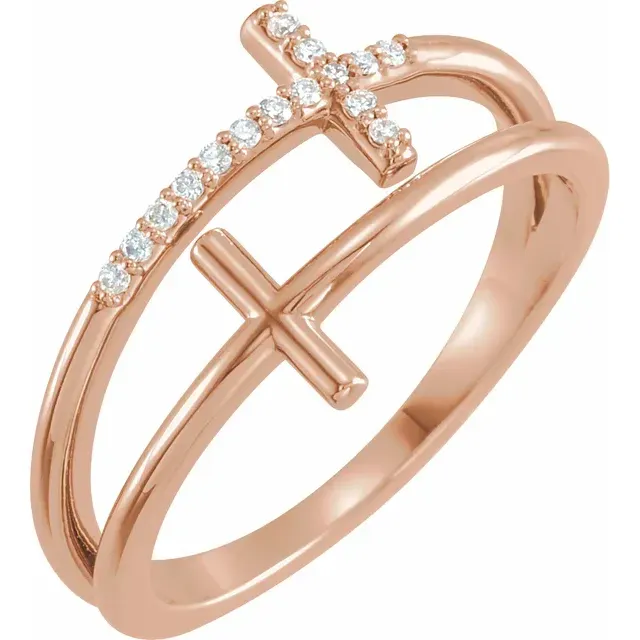 Stylish Ornament Representational Piece 14K Rose .06 CTW Diamond Sideways Cross Ring