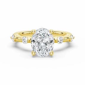 Impeccable Detail Oval Cut Moissanite Ring with Diamond Spaced Band and Hidden Halo