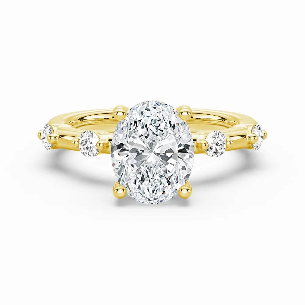 Impeccable Detail Oval Cut Moissanite Ring with Diamond Spaced Band and Hidden Halo