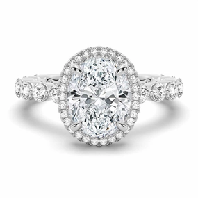 Oval Halo with Pav?? Shared Prong Band Moissanite Engagement Ring Muted Style