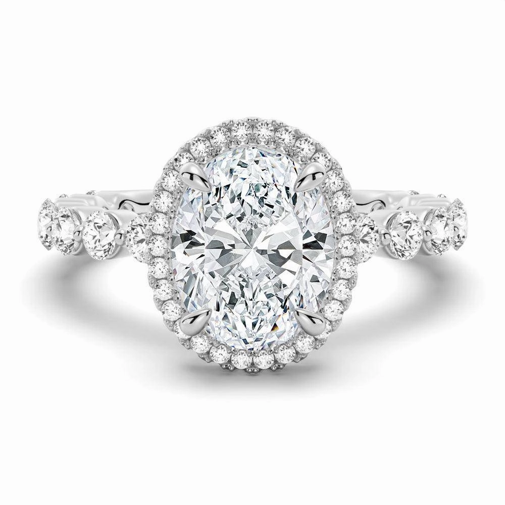 Oval Halo with Pav?? Shared Prong Band Moissanite Engagement Ring Event Favorite Graceful Piece