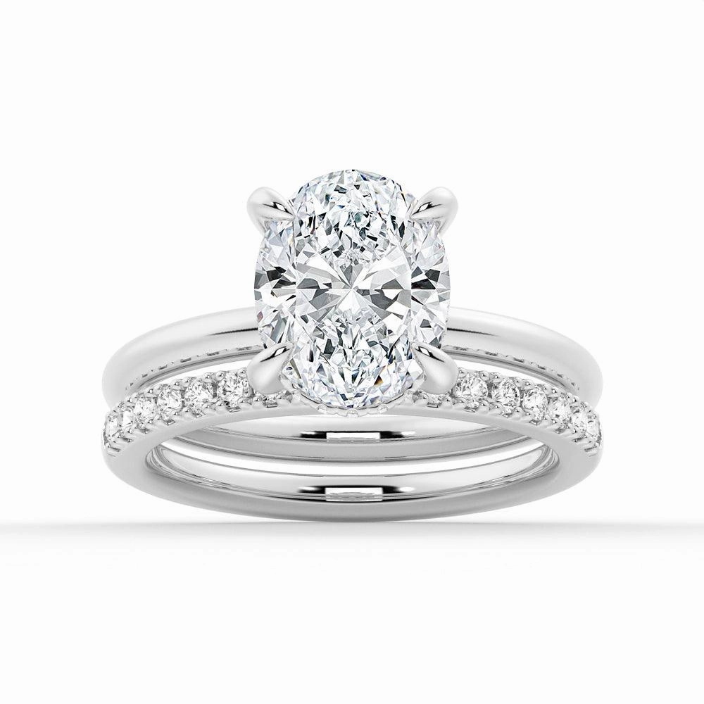 Oval Solitaire Hidden Halo Moissanite Ring Set with Matching Wedding Band Gloss Edge Timeless Impression