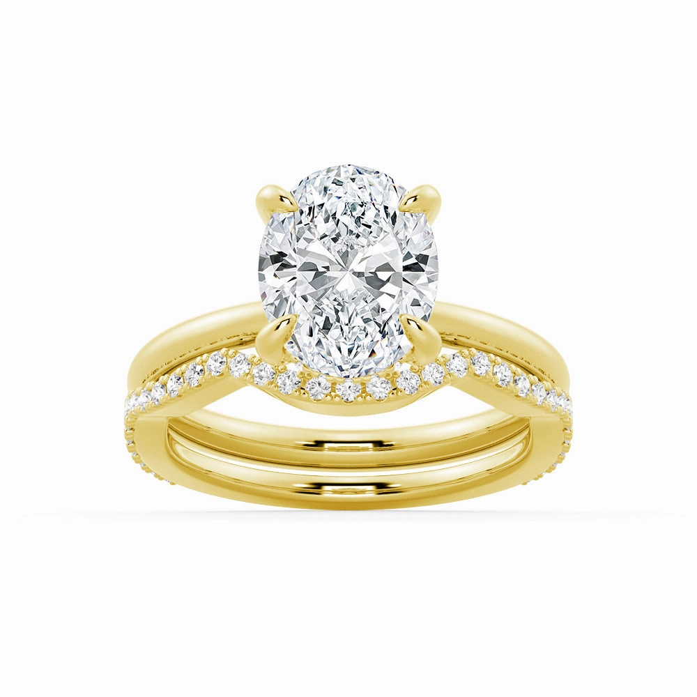Monochrome Look Soft Features Oval Solitaire Moissanite Ring Set With Matching Wedding Band