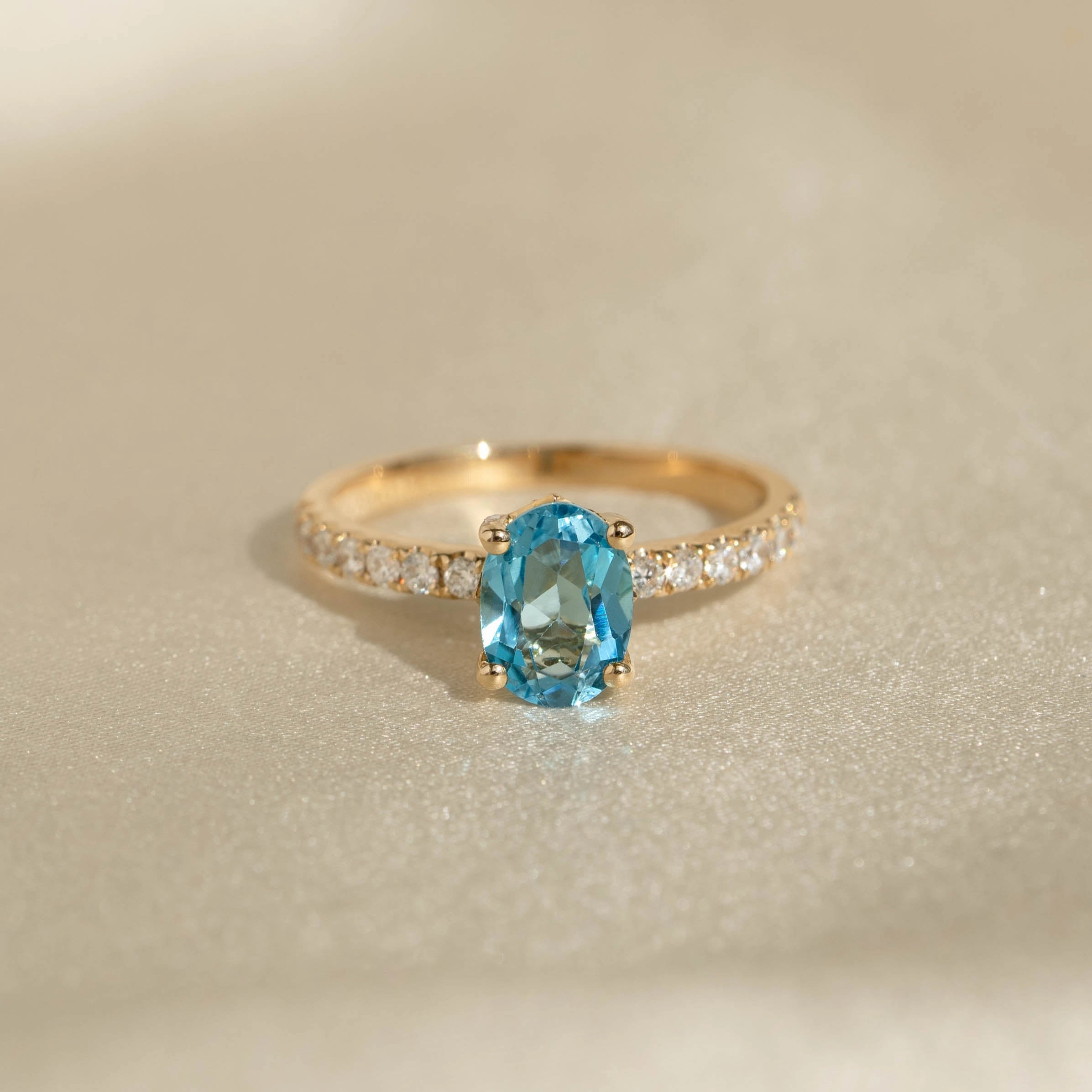 Oval Swiss Blue Topaz and Diamond Ring 14k Gold - Minette Vibrant Colors