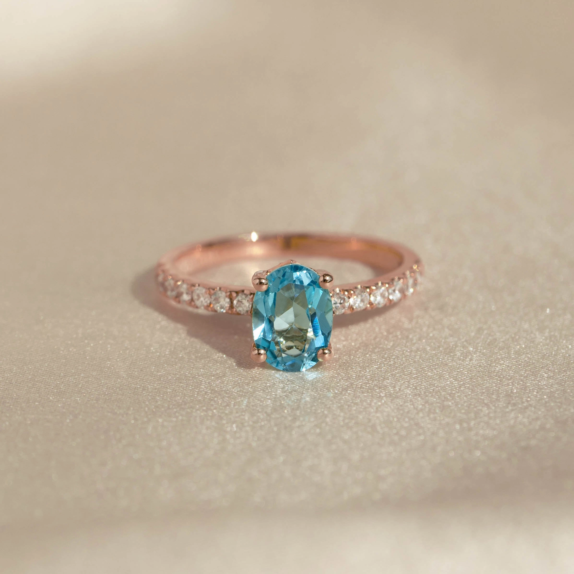 Radiant Shine Finish Oval Swiss Blue Topaz and Diamond Ring Rose Gold - Minette