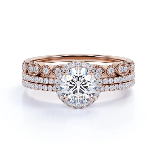 Classic Fashion Pave 2 Carat Round Cut Moissanite Halo Trio Set