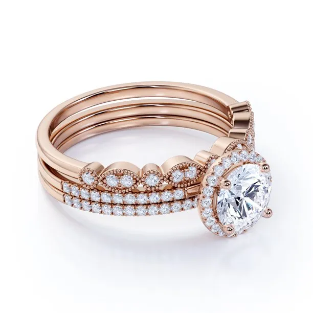 Pave 2 Carat Round Cut Moissanite Halo Trio Set Minimal Detail