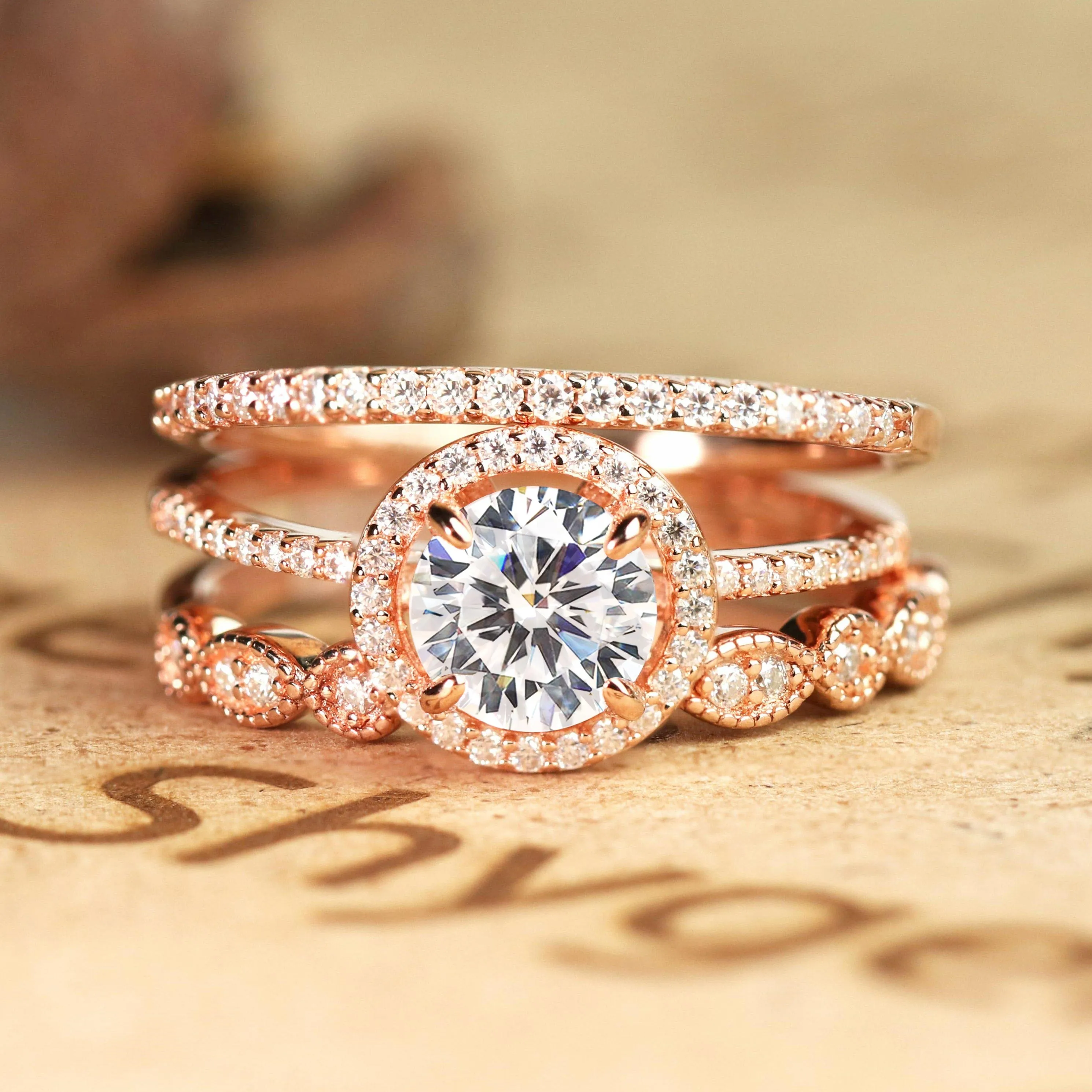 Sunset Style Glamorous Shine Pave 2 Carat Round Cut Moissanite Halo Trio Set