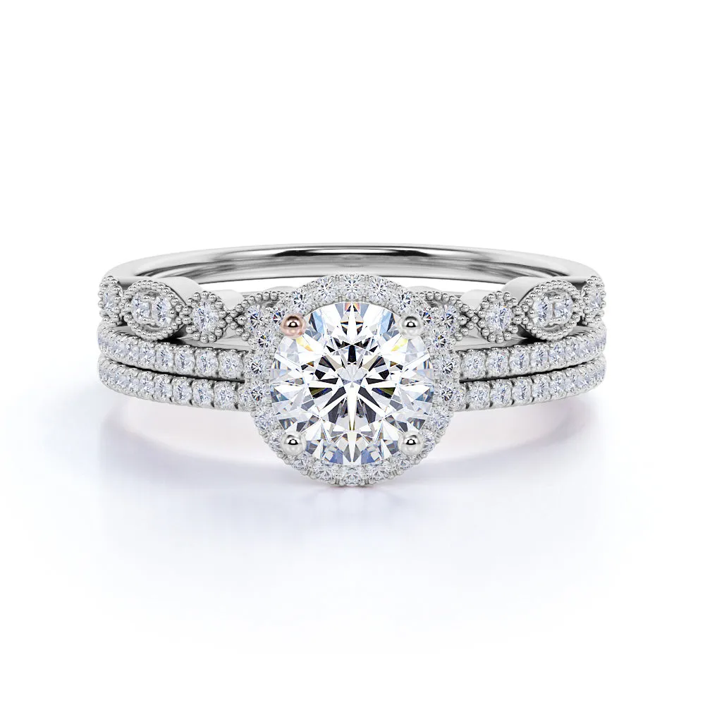 Pave 2 Carat Round Cut Moissanite Halo Trio Set Weekend Light Playful Spark
