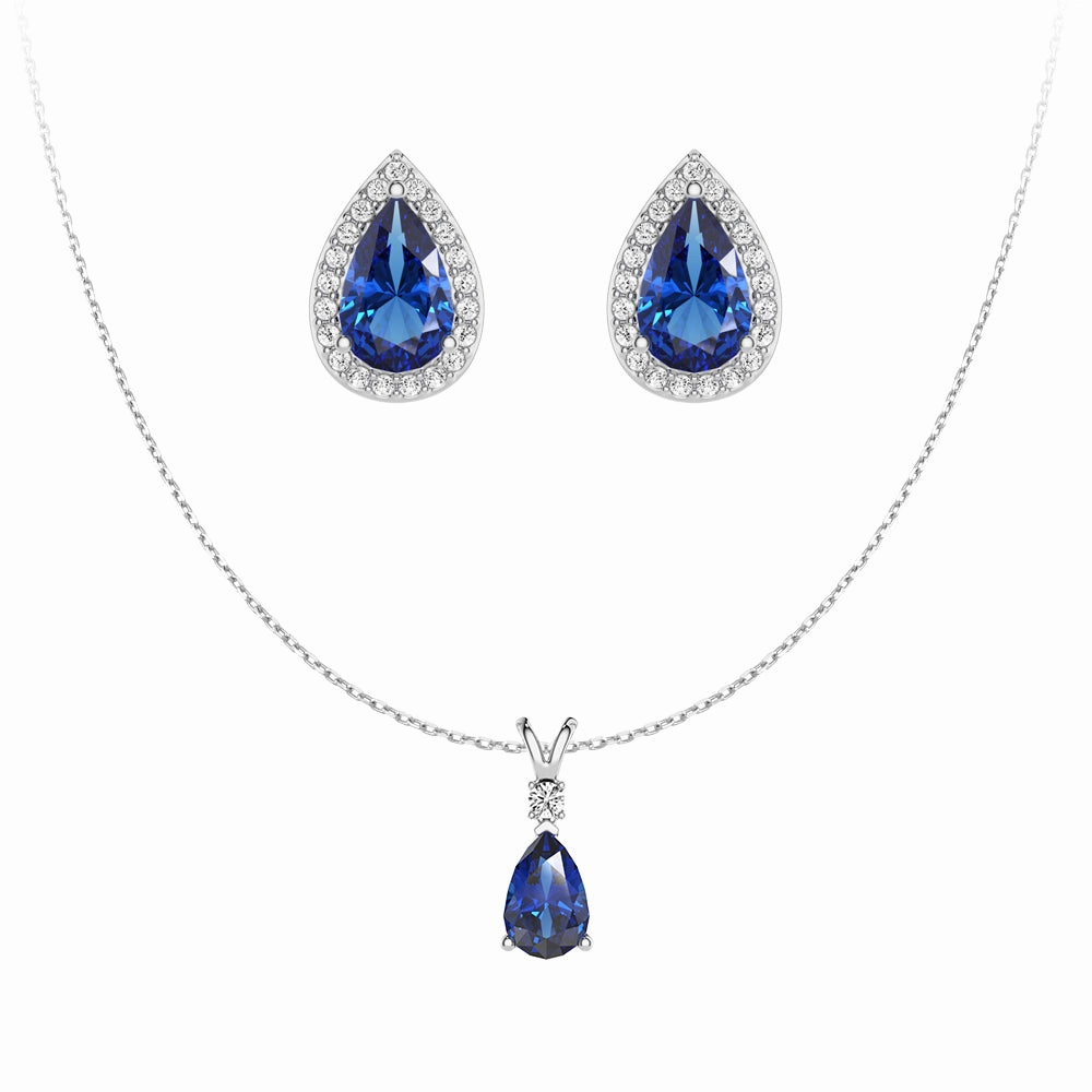 Highlight Moment Pear Blue Sapphire Solitaire Pendant with Stud Earrings Set