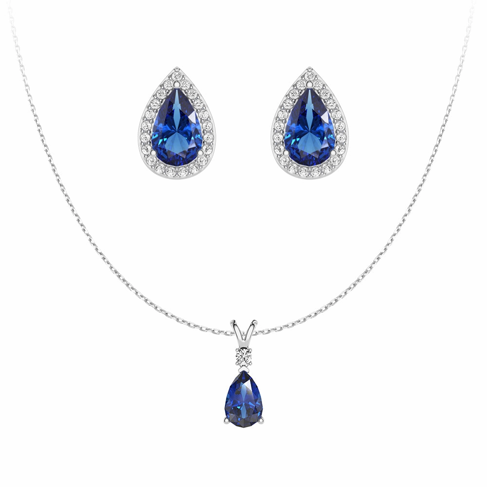 Shining Gem Fashion Edit Pear Blue Sapphire Solitaire Pendant with Stud Earrings Set