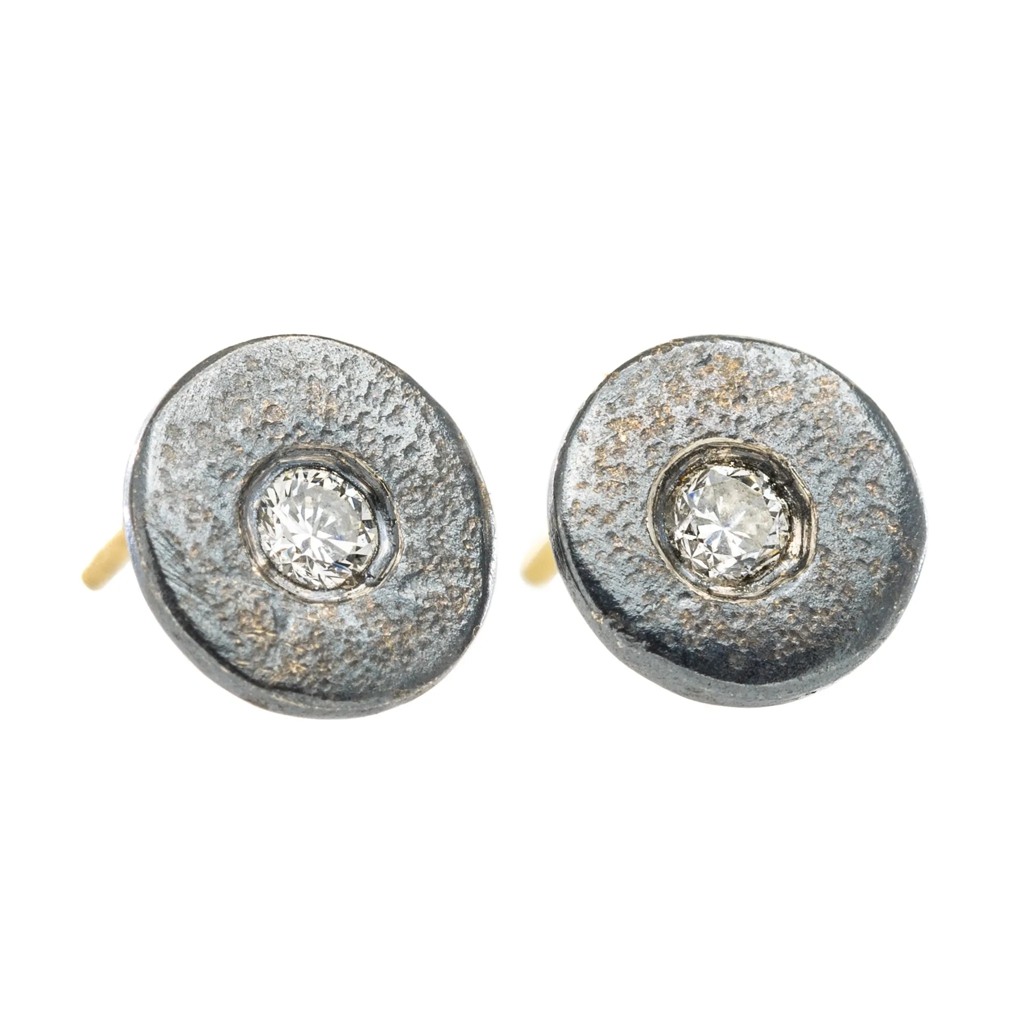 Gleaming Accent Cozy Mood Pebble Stud Earrings - 18k Gold, Oxidized Silver   Reclaimed Diamonds