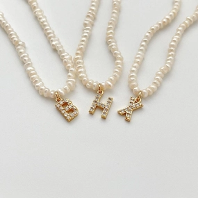 Casual Pair Chic Accent Personlized Pearl Initial Necklace with CZ stones | Crystal Pearl Charm Initial Necklace, Personalized White Pearl Necklace, Letter Choker