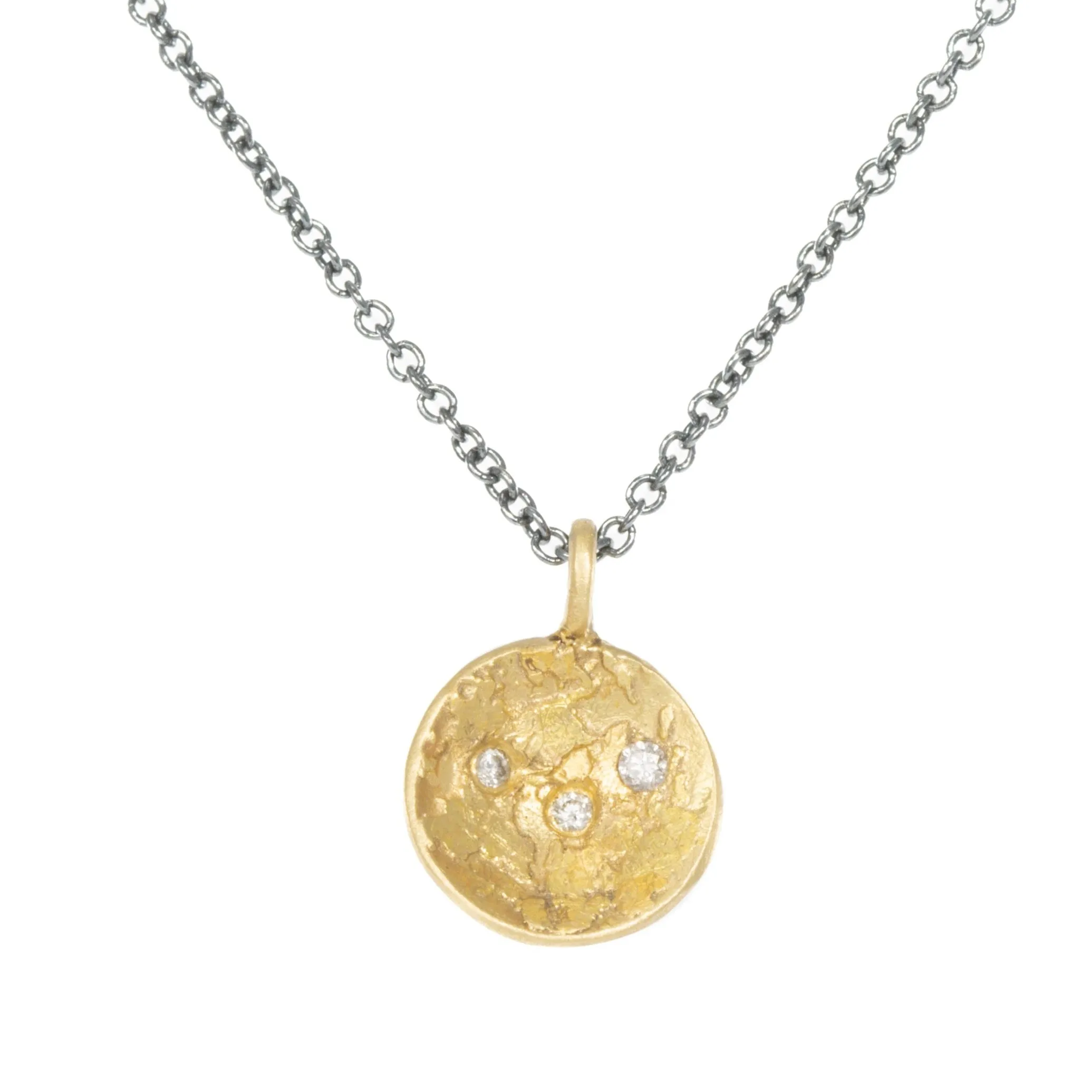 Chic Accessories Petite Double Gold Moon Surface Pendant - 18ky Gold, Oxidized Silver   Reclaimed VS White Diamonds