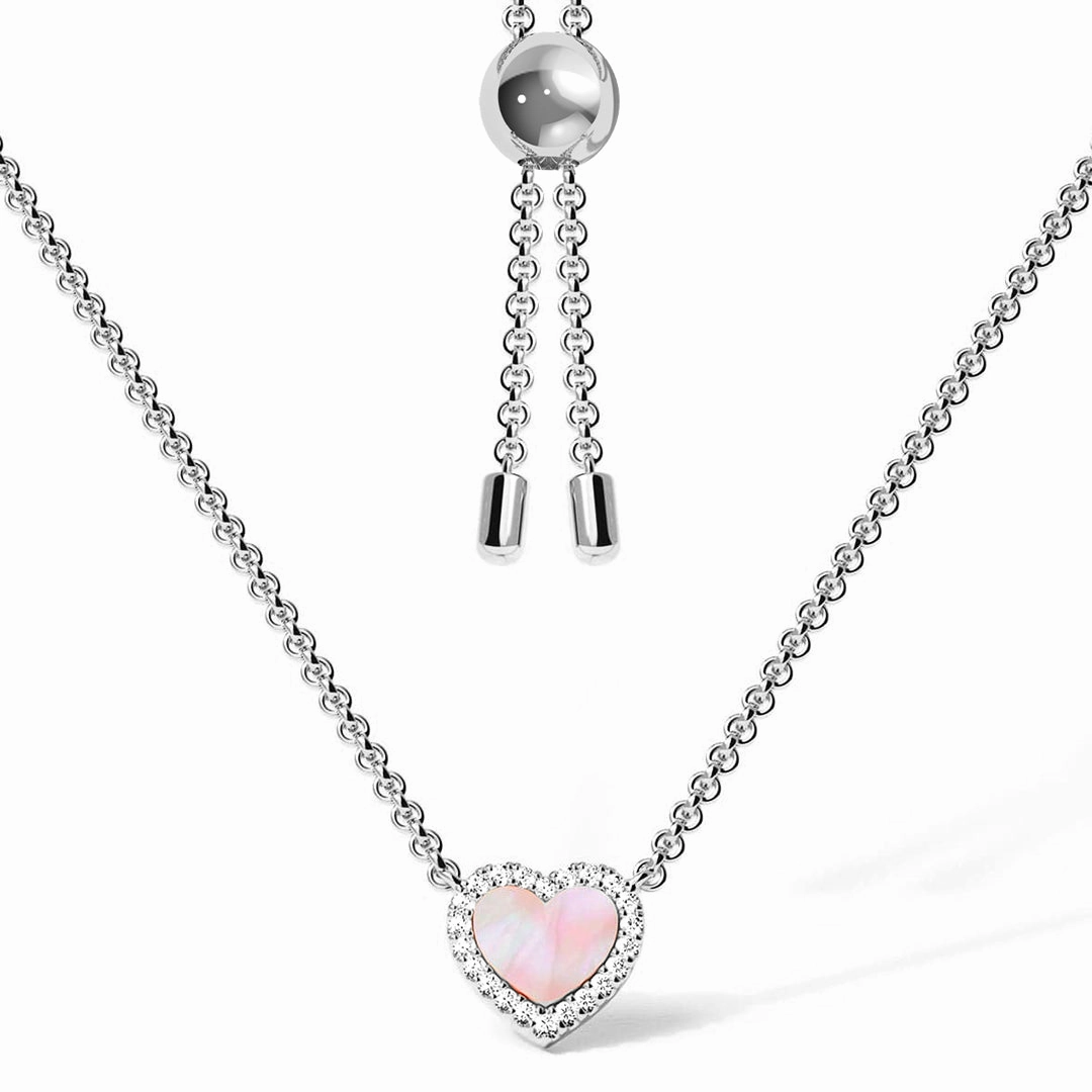 Pink Mother of Pearl & Moissanite Heart Pendant Necklace Mixed Metals