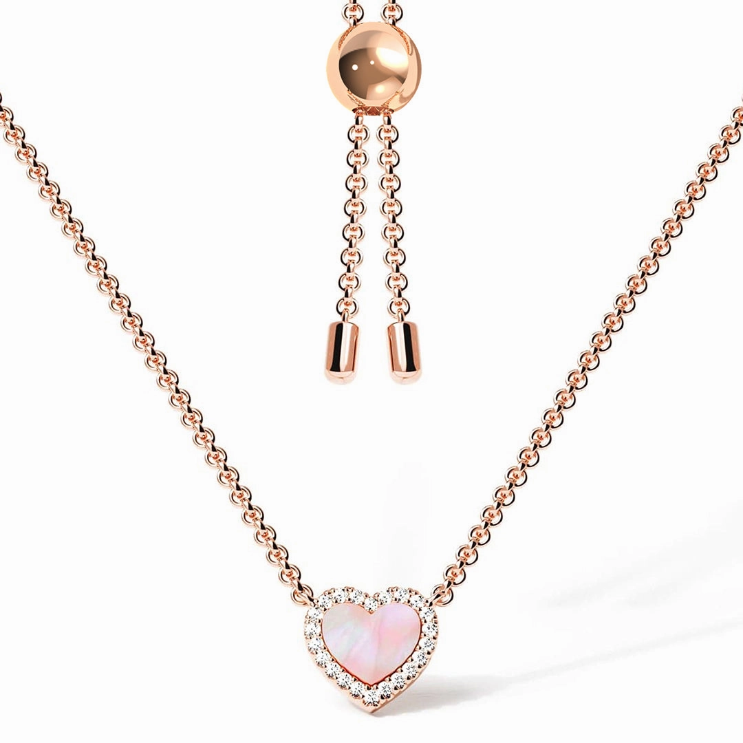 Pink Mother of Pearl & Moissanite Heart Pendant Necklace Luminous Highlight Luxe Detail
