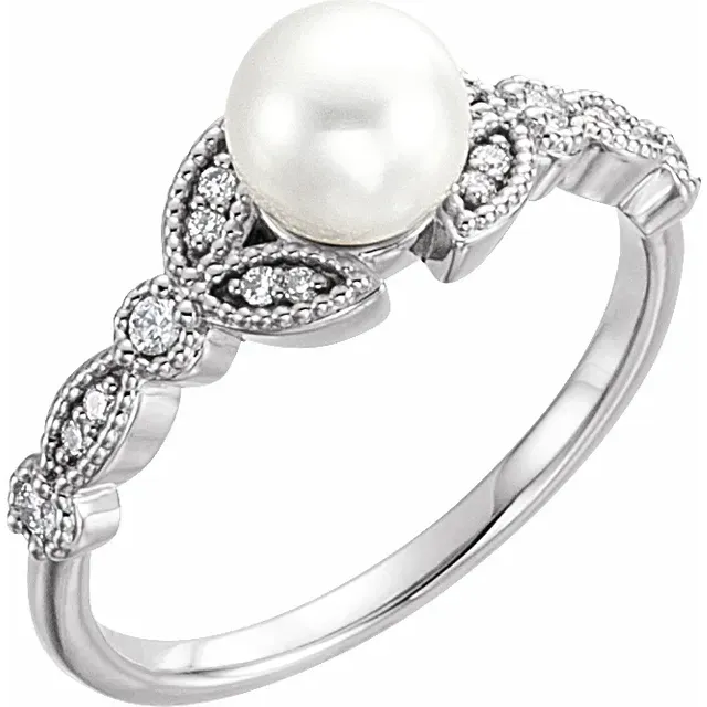 Perfect Accent Platinum Freshwater Pearl & 1/10 CTW Diamond Leaf Ring