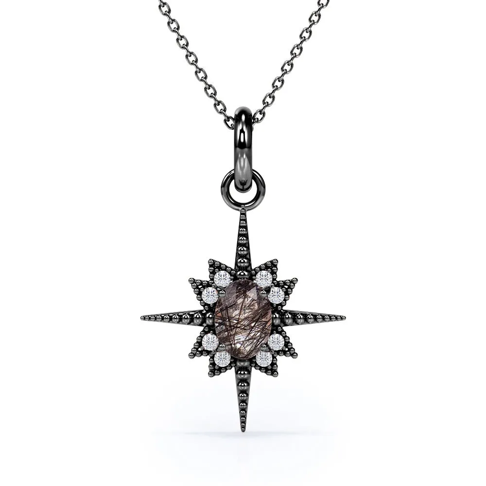 Vintage Star Halo 1.10 Carat Oval Cut Genuine Black Rutilated Quartz And Diamond Four Prong Beaded Pendant Necklace In White Gold Delicate Feature
