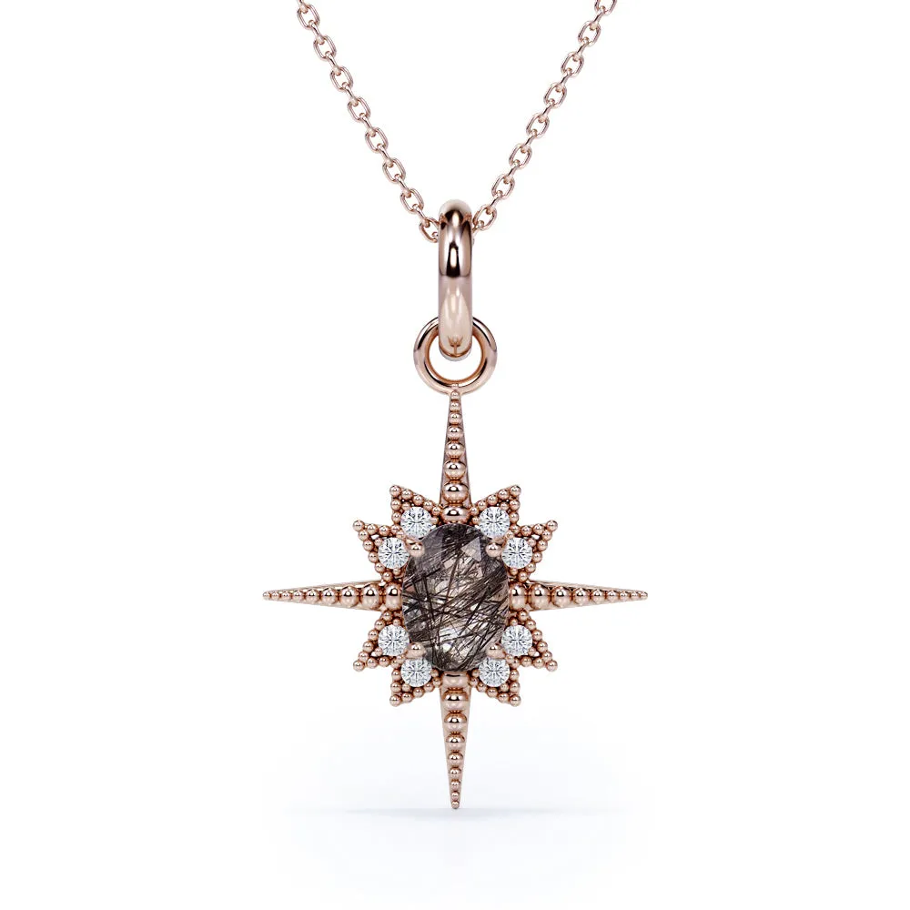 Vintage Star Halo 1.10 Carat Oval Cut Genuine Black Rutilated Quartz And Diamond Four Prong Beaded Pendant Necklace In White Gold High-Quality Item Celebration Accessory