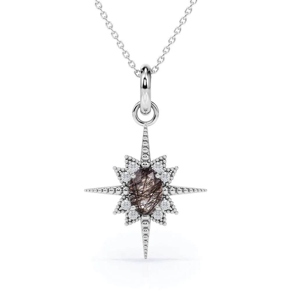 Vintage Star Halo 1.10 Carat Oval Cut Genuine Black Rutilated Quartz And Diamond Four Prong Beaded Pendant Necklace In White Gold Weather Appropriate Jewelry