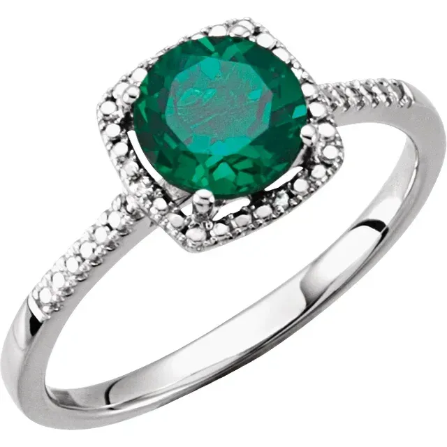 Classic revival Sterling Silver Lab-Grown Emerald & .01 CTW Diamond Ring Size 7