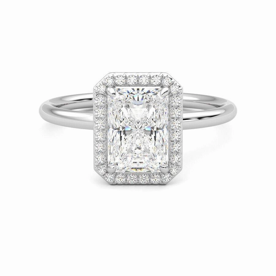Radiant Cut Halo Moissanite Engagement Ring with Hidden Anniversary Stone Accent Soft color