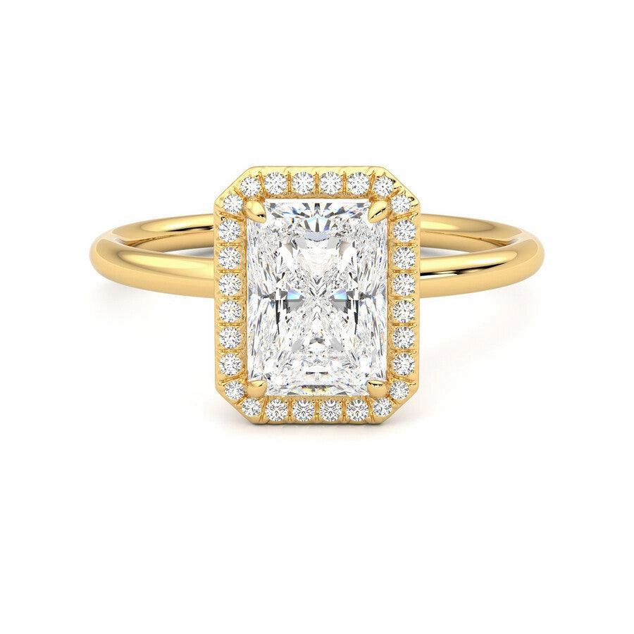 Perfect Fit Polished Edge Radiant Cut Halo Moissanite Engagement Ring with Hidden Anniversary Stone Accent