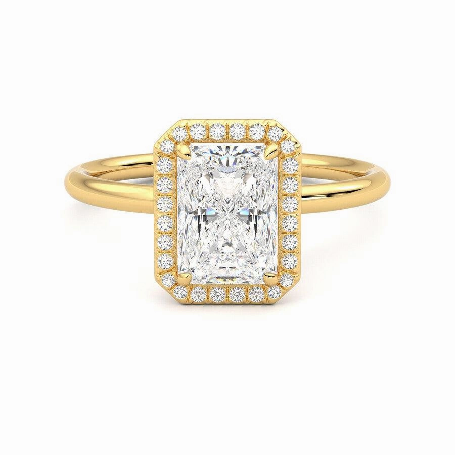 Sweet Touch Style Upgrade Radiant Cut Halo Moissanite Engagement Ring with Hidden Anniversary Stone Accent
