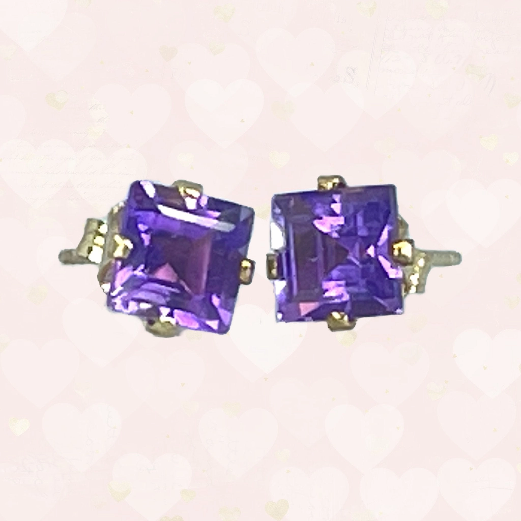 Vintage Amethyst Square Earrings set in 14K Gold. February Birthstone. 1970s Sustainable Estate Jewelry. Sparkling Accent