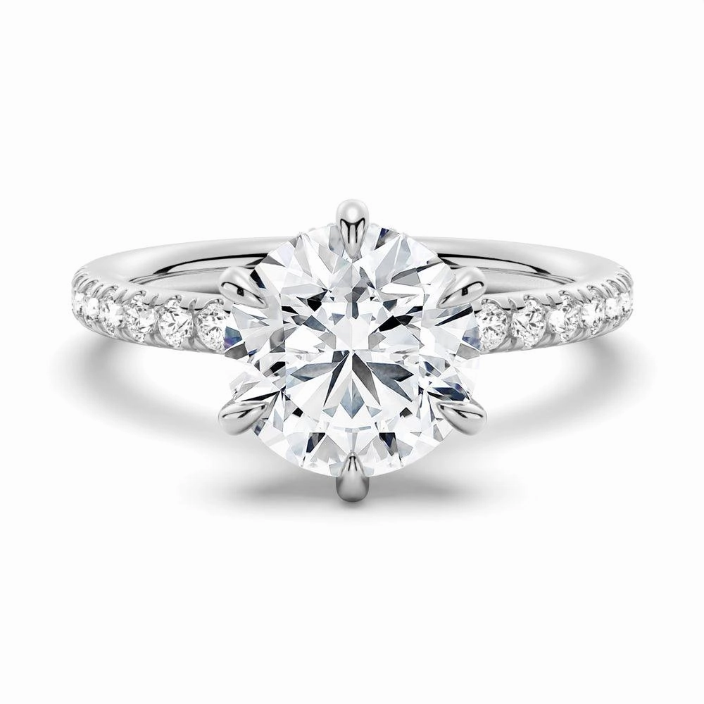 Charming Detail Vibrant Accent Petite Six Prong Micropav?? Moissanite Engagement Ring With Hidden Halo