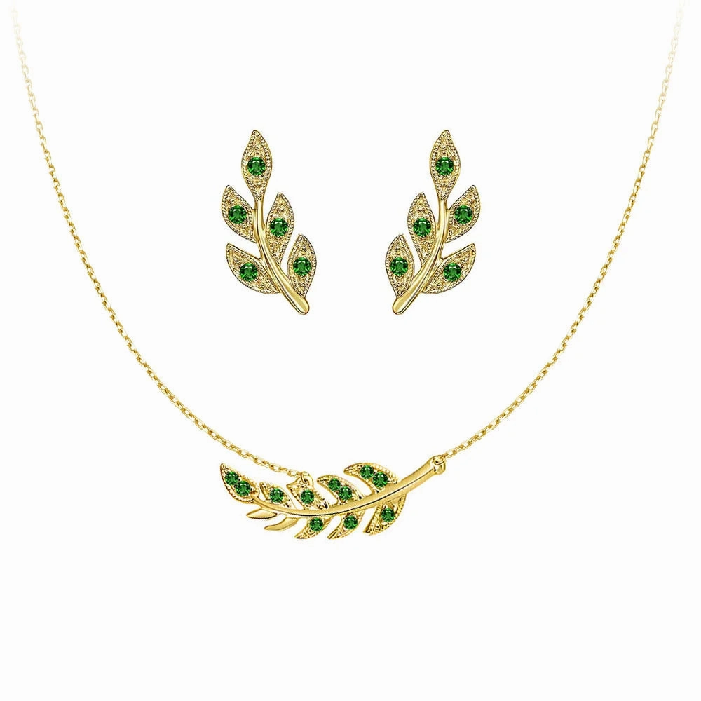 Couture Botanical Foliage Lab Grown Emerald Necklace And Earring Set Accent Focus Contemporary Edge