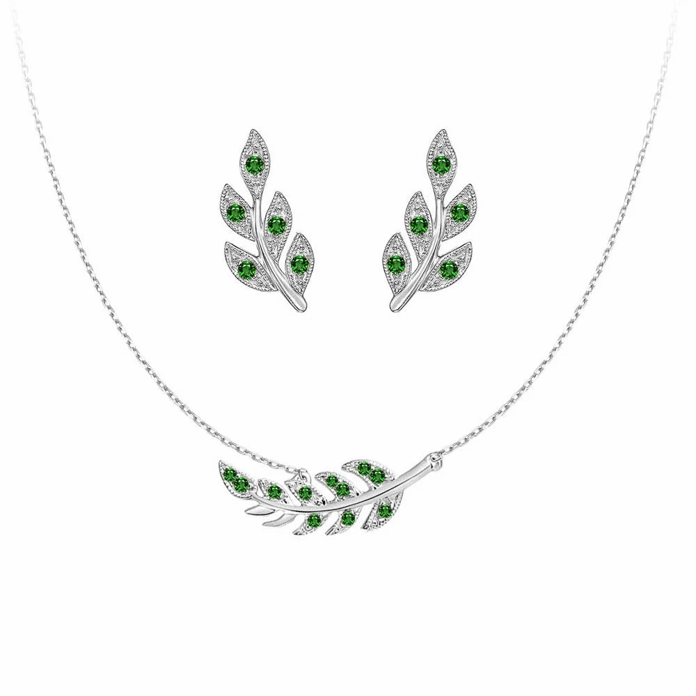 Ethereal Detail Couture Botanical Foliage Lab Grown Emerald Necklace And Earring Set