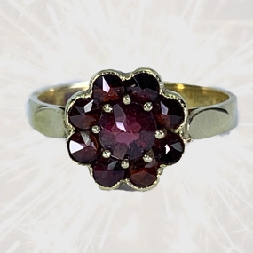 Distinctive Edge 1950s Garnet Cluster Ring in a 14k Yellow Gold Flower Setting. Unique Bohemian Engagement Ring.